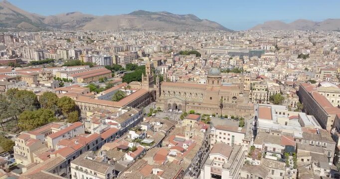 Aerial view of Palermo Cathedral. It is the cathedral church of the Roman Catholic Archdiocese of Palermo, located in Sicily, southern Italy. It is dedicated to the Assumption of the Virgin Mary.