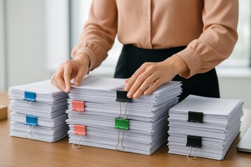 Businesswoman organizing large stacks of paper documents with binder clips on wooden desk in office environment, focusing on paperwork management concept. Ai generative