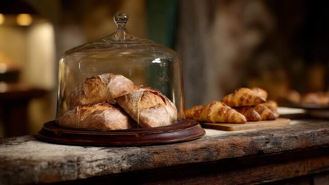 A beautifully arranged display of artisanal bread and croissants under a glass dome signifies freshness and the charm of traditional baking.