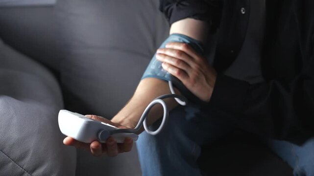 A patient with heart pain and hypertension measures his blood pressure in a dark room while sitting on a sofa.
Mucina monitors his blood pressure and pulse.
Heart and blood problems