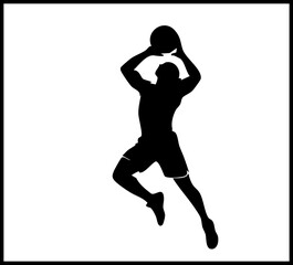 Dynamic basketball player silhouetted mid-air aiming for a powerful slam dunk in a moment of athletic achievement and intense focus.
