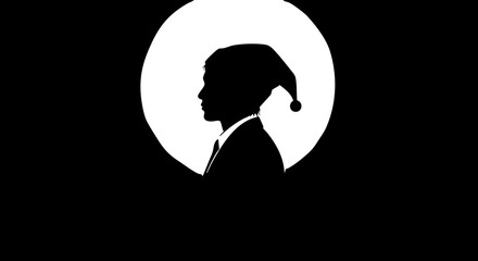 Joyful businessman wearing festive Santa hat, celebrating holiday cheer in professional silhouette against bright moonlit glow