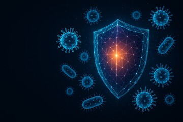 Digital shield glowing in a dark background defending against glowing bacteria and virus particles symbolizing immune protection and cybersecurity concept. Ai generative