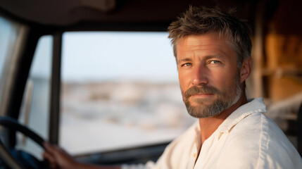 a beach highway with dunes and gulls cluttered shore with shells soft natural light reflecting off sand a middle aged man in a truck driving natural poses as he shifts