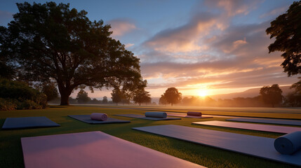 Fototapeta premium A yoga class stretches in a field at dawn with mats unrolled poses flowing a sunrise glowing and dew sparkling on grass captured in a serene photo with mat textures light ray