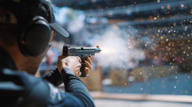 A shooter aims at a steel target in an outdoor range with plates ringing dust swirling a timer ticking and spectators cheering shown in a dynamic photo with metal clangs dust