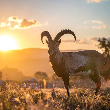 A majestic mountain goat stands in tall grass, silhouetted by a warm sunset with golden hues. Rolling hills and trees form the backdrop