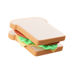 Realistic 3D Rendered Sandwich with White Bread Cheese Tomato and Lettuce on a Transparent Background