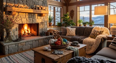 Inviting mountain cabin interior featuring a stone fireplace, cozy seating, and scenic winter landscape views creating