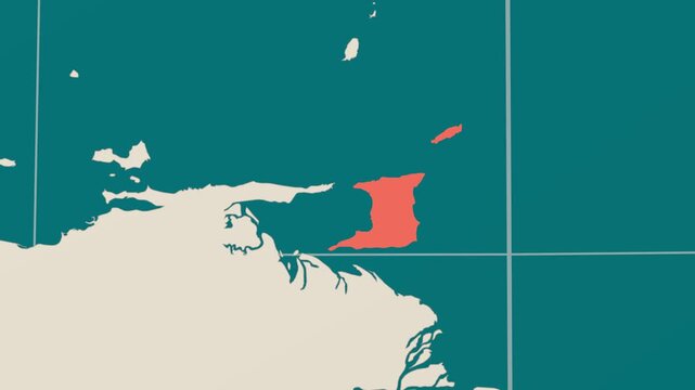 Trinidad and Tobago map. Animated zoom into the country on the Globe in Teal Pale Mint color palette. Country logo animation. Map with meridians, parallels. Awesome video.