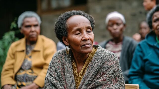A portrait of a thoughtful woman amidst a gathering, showcasing connection and reflection, capturing a moment of deep contemplation and community spirit.