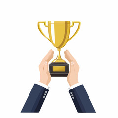 Hands holding a golden trophy, symbolizing victory and achievement in a competition