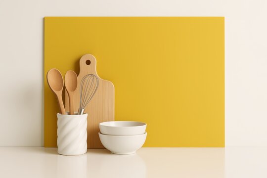 Kitchen utensils, cutting board, and bowls arranged on countertop with minimalist style and yellow background on white wall in soft lighting. Ai generative - Powered by Adobe