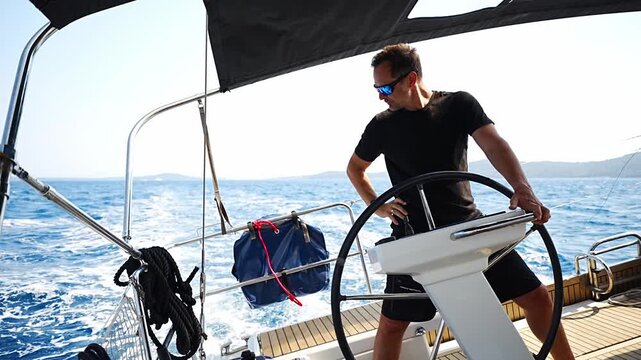 Man standing at the helm of a sailing yacht near Croatia, steering the boat through open water. Leadership, control, sailing lifestyle and freedom at sea.