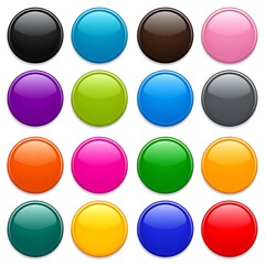 A collection of sixteen glossy, circular buttons in various vibrant colors, each reflecting light and set against a white background