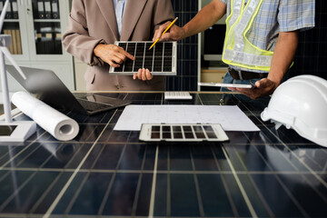 Engineer Teamwork Meeting, Drawing working on blueprint meeting for project working with partner on model building at company office.