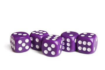 Many purple game dices on white background