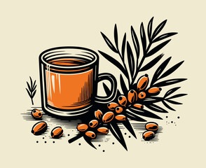 Vintage Woodcut of Sea Buckthorn Tea and Berries. vintage botanical print featuring a healthy glass of herbal tea alongside vibrant sea buckthorn berries on the branch.