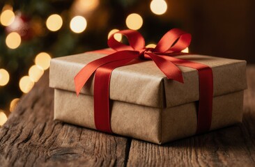 Gift box with red ribbon on rustic wooden table in warm holiday setting