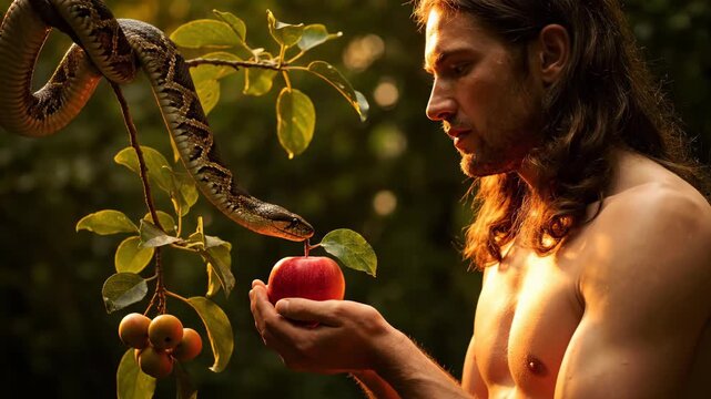 Adam receives a forbidden red apple from a cunning serpent in a beautiful, radiant garden, poised at the precipice of mankind's fall from divine grace.