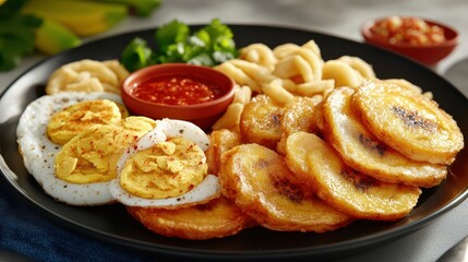 Caribbean Platter: Fried Plantains, Hard Boiled Eggs, and Pasta Salad, Delicious Gourmet Meal, Served on Black Plate, Close Up, Restaurant