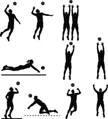 Silhouettes of volleyball players in action poses