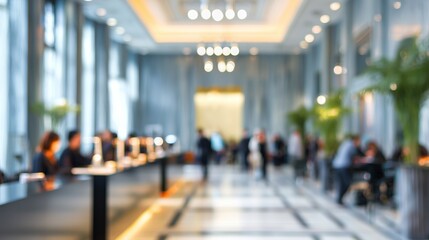 Blurred view of modern hotel lobby with elegant design and guests interacting in a vibrant atmosphere