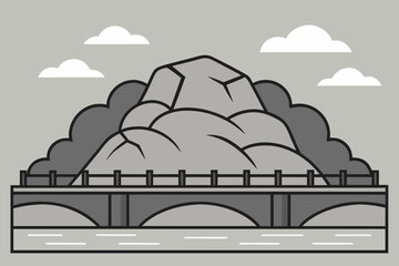 Stylized illustration of a mountain range with a bridge and river