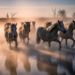 Horses Galloping Through Water at Sunrise - A Majestic Display of Nature.