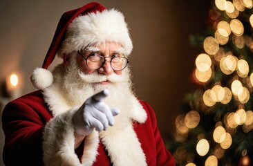 Naklejka premium Elderly caucasian male santa claus pointing beside festive christmas tree
