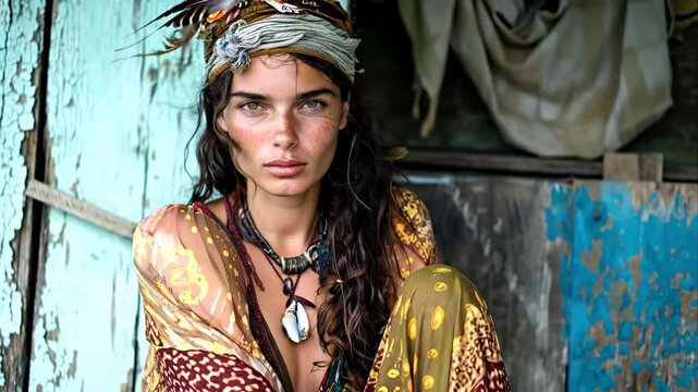 A attractive female, a romani gypsy, with a decorated head wrap and beaded jewelry, gazes. She is a traveler, a wanderer, a nomad, a vagabond, a wayfarer, during the day