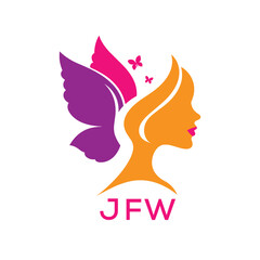 JFW Elegant Butterfly Woman Logo Design.  JFW Beauty and Wellness Brand Identity. JFW Feminine Salon and Cosmetic Symbol.

