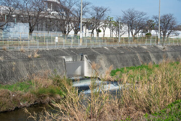 下水処理場排水放流口・下流の対岸から処理場全景
