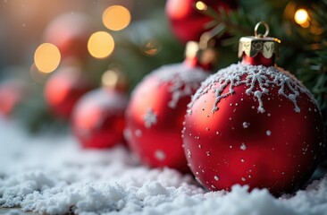 Festive red christmas ornaments and snowy pine branches with warm lights