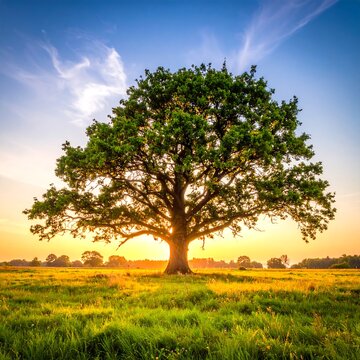 A majestic oak tree stands in a lush meadow, bathed in the warm glow of a setting sun with a vibrant sky