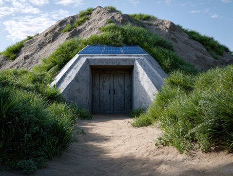 Concrete bunker entrance built into a sandy hillside with solar panels on the roof, surrounded by green vegetation, symbolizing off-grid sustainable architecture.