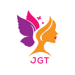 JGT Elegant Butterfly Woman Logo Design.  JGT Beauty and Wellness Brand Identity. JGT Feminine Salon and Cosmetic Symbol.
