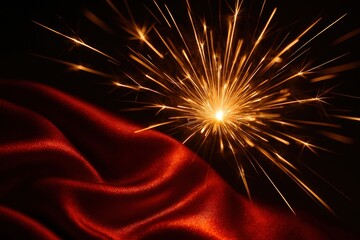 Bright sparkler bursts over elegant red silk fabric in dark setting