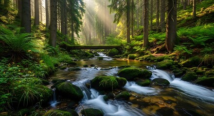Obraz premium Sunlit Stream Through Verdant Forest - A Tranquil Nature Scene.