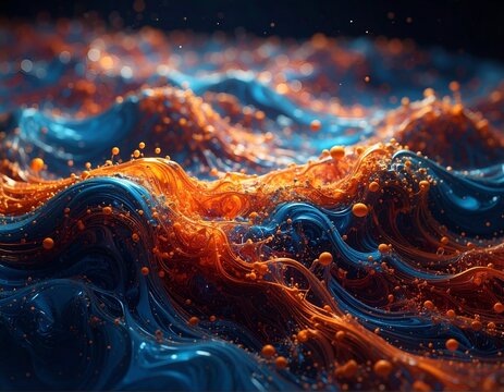 Abstract waves of vibrant orange and blue, mimicking fluid energy and particles