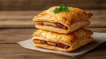 Savory Puff Pastry Squares: Stack of Flaky Pastries Filled with Meat and Vegetables on Wooden Table