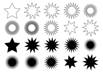 Collection of black starburst and star shapes isolated on white background for design elements