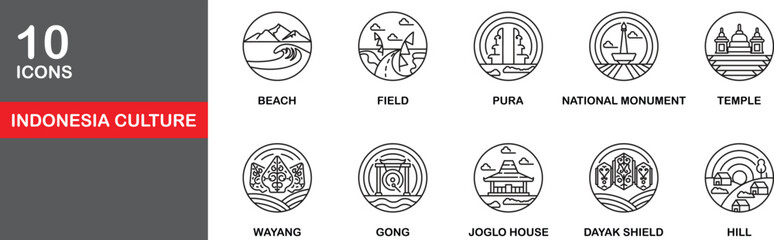 Set of 10 line icons inspired by Indonesian culture and heritage. Features landmarks, nature, and traditional art in a clean minimal outline style. Perfect for travel or cultural design.