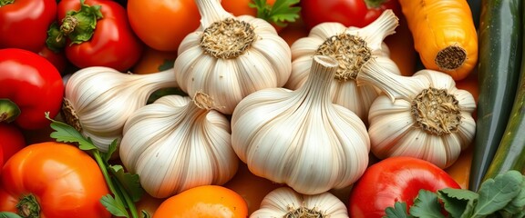 Fresh garlic cloves nestled amongst vibrant, colorful vegetables,  cooking,  farm-fresh