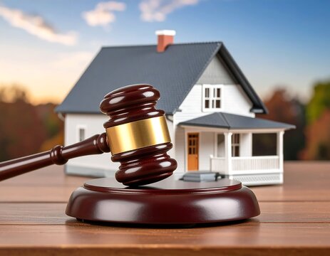 Wooden gavel and miniature house on a table
