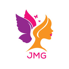 JMG Creative Beauty Butterfly Woman Logo. JMG Design | Feminine Elegant Salon and Spa Brand Identity.  JMG Modern Beauty Icon.
