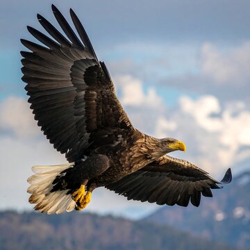 A majestic raptor soars with powerful wings, showcasing detailed feathers and a bright yellow beak. The background includes clouds and mountains