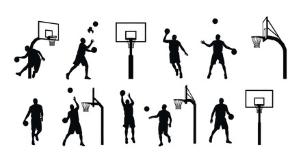 Fototapeta premium Silhouettes of Basketball Players and Hoops in Various Action Poses.