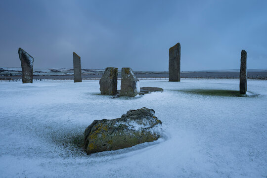 Snow at Standing Stones of Stenness, Orkney Islands, Scotland