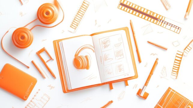 Orange Stationery, Open Sketchbook, Workspace, Flat Lay